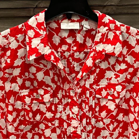 Chico's Red and White Floral Button-Down Shirt - Picture 2 of 5